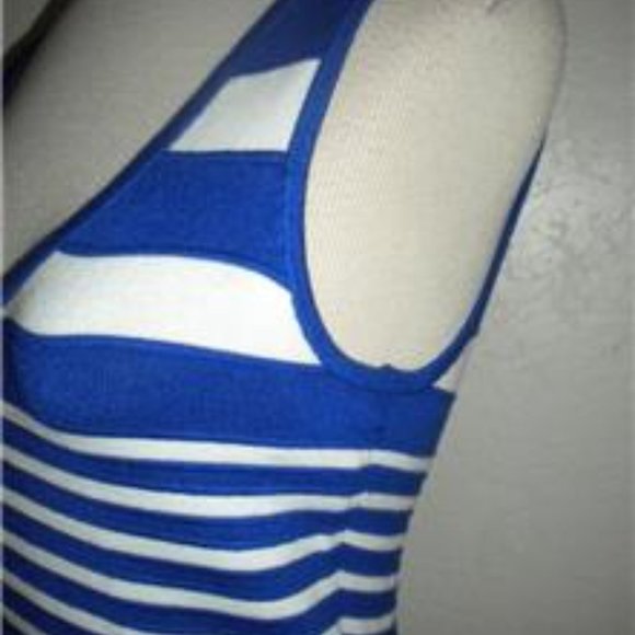 GUESS MS SIZE MEDIUM JEWEL BLUE AND WHITE STRIPED RAYON BLEND SLEEVELESS DRESS - Picture 6 of 7